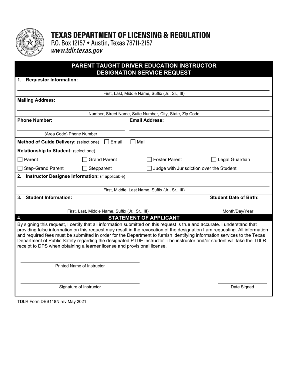 TDLR Form DES118N Fill Out, Sign Online and Download Fillable PDF