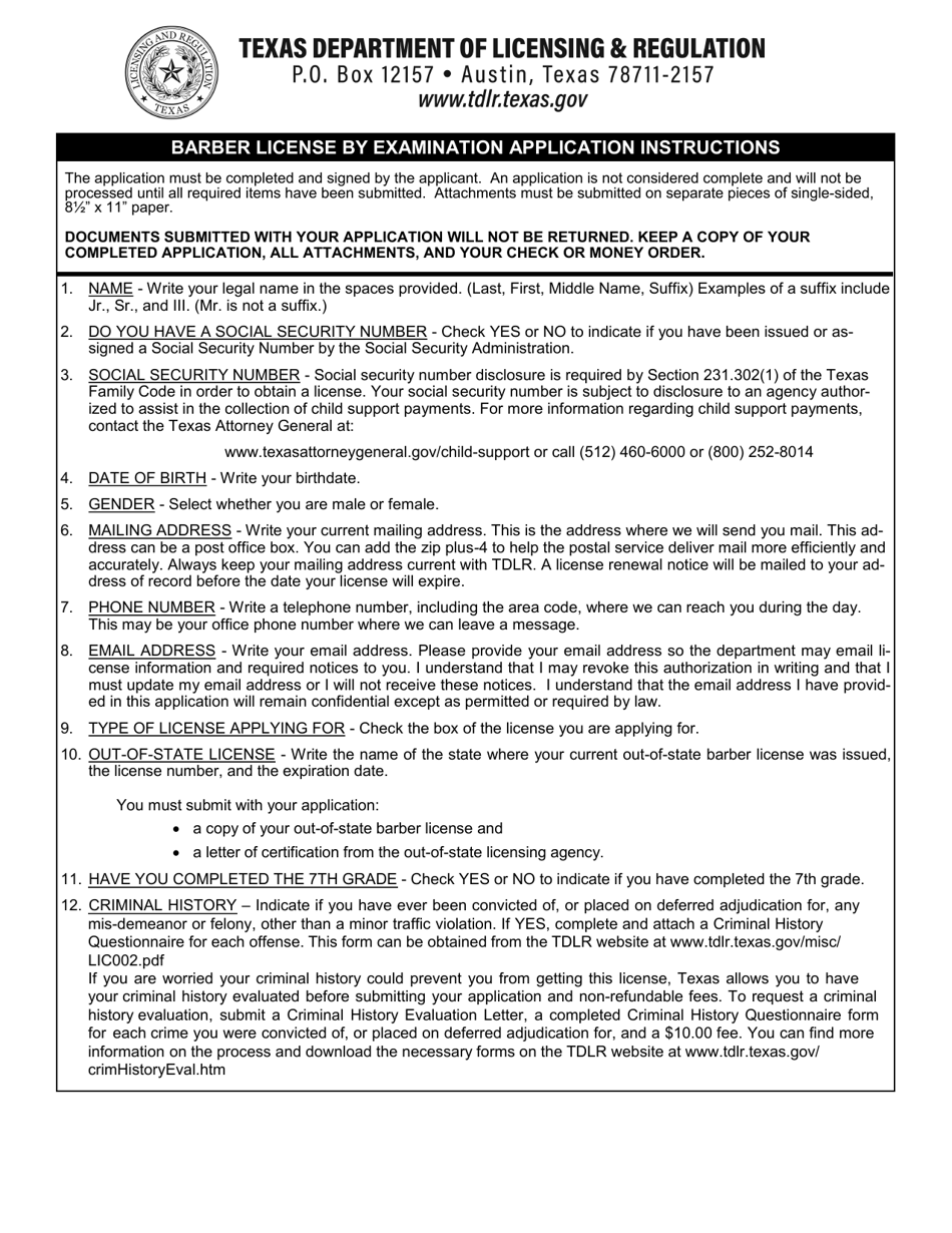 TDLR Form BAR001 Barber License by Examination Application - Texas, Page 1