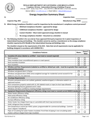 Document preview: Form TDLR051IHB Energy Inspection Summary Sheet - Texas