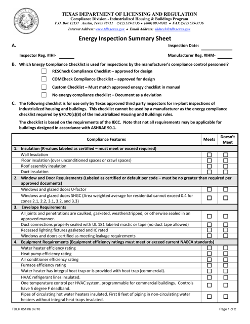 Form TDLR051IHB Energy Inspection Summary Sheet - Texas