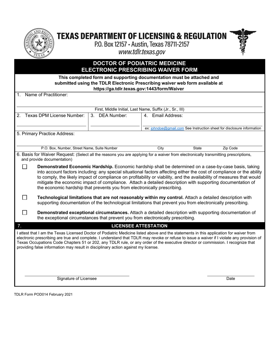 TDLR Form POD014 Doctor of Podiatric Medicine Electronic Prescribing Waiver Form - Texas, Page 2
