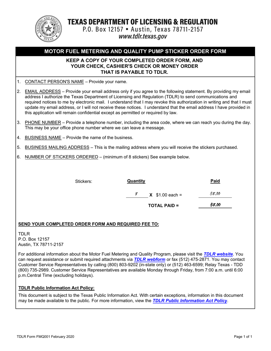 TDLR Form FMQ001 Motor Fuel Metering and Quality Pump Sticker Order Form - Texas, Page 1