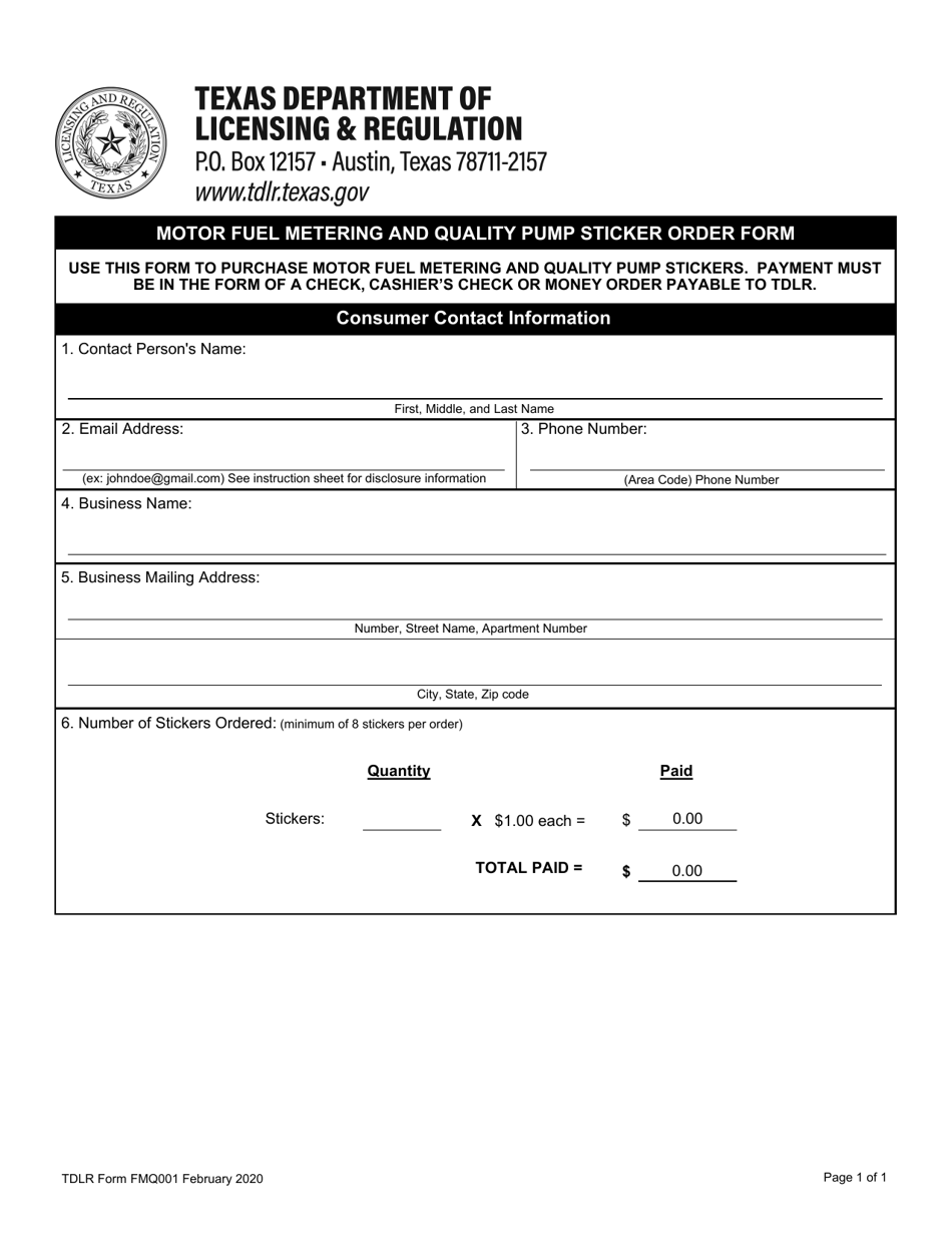 TDLR Form FMQ001 Motor Fuel Metering and Quality Pump Sticker Order Form - Texas, Page 2
