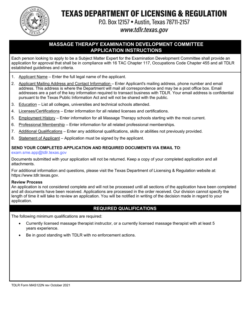 TDLR Form MAS122N Massage Therapy Examination Development Committee Application - Texas, Page 1