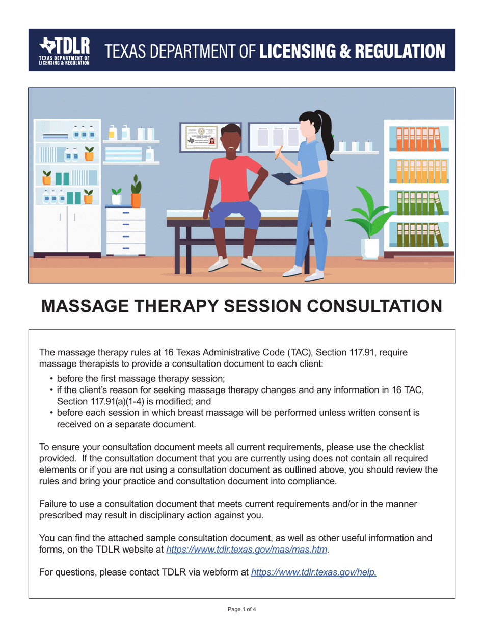 Massage Therapy Consultation Document - Sample - Texas, Page 1