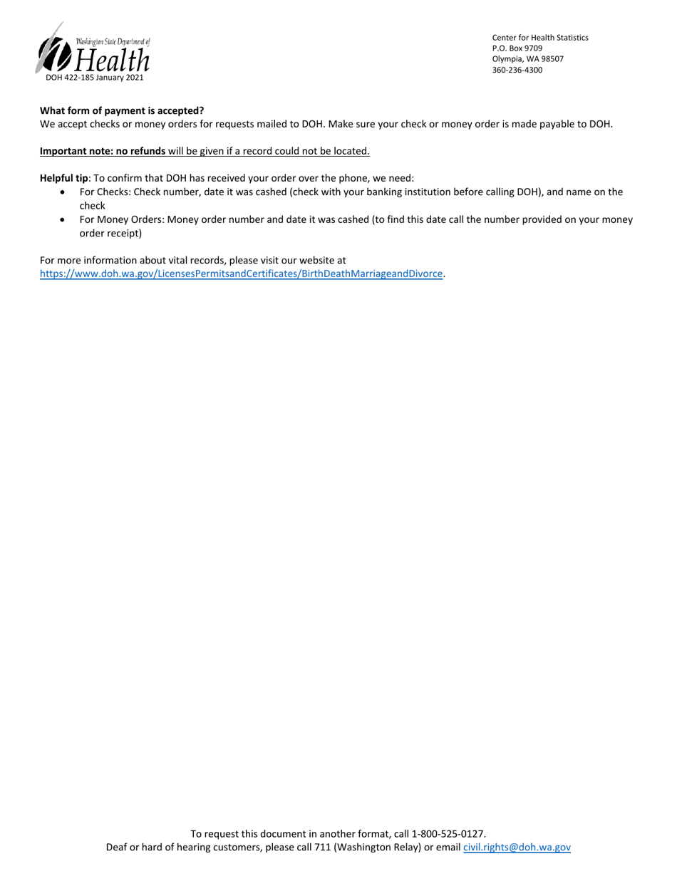 DOH Form 422-185 Birth / Death Informational Copies Mail Order Form - Washington, Page 2