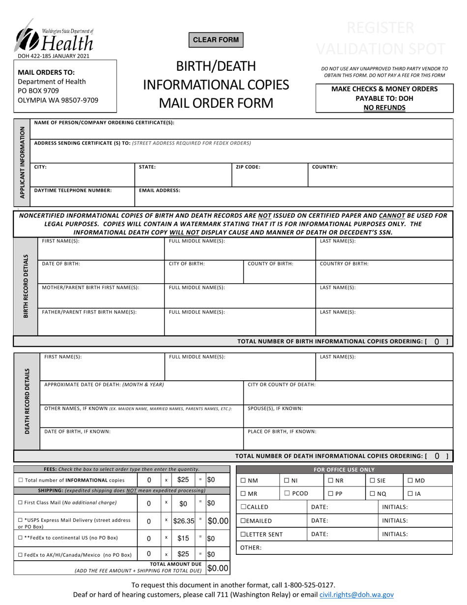 DOH Form 422-185 Birth / Death Informational Copies Mail Order Form - Washington, Page 3