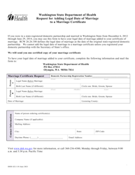 Document preview: DOH Form 422-118 Request for Adding Legal Date of Marriage to a Marriage Certificate - Washington