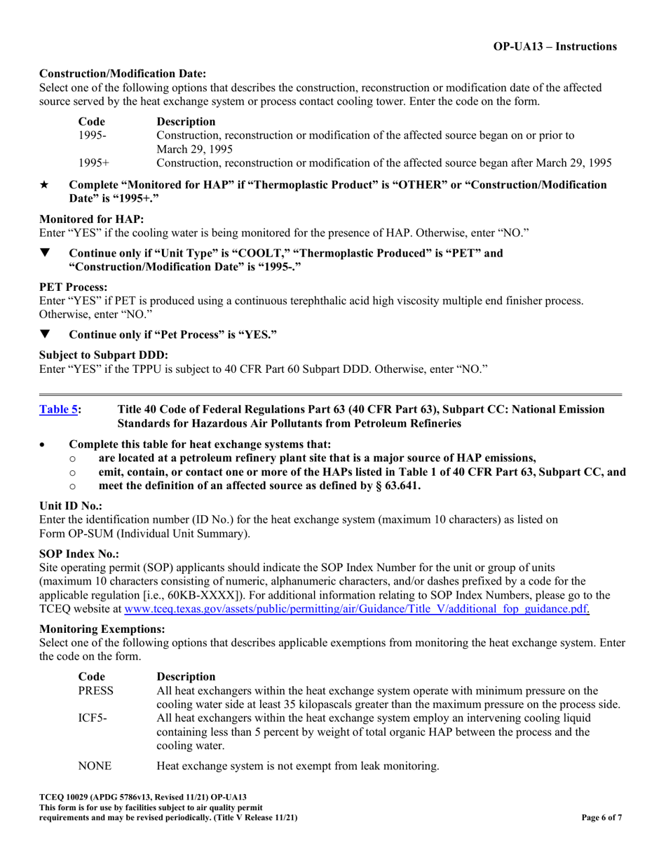 Form OP-UA13 (TCEQ-10029) Cooling Tower Attributes - Texas, Page 6