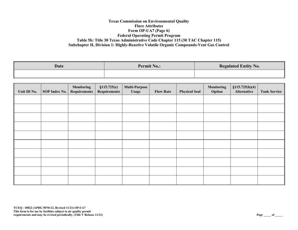 Form OP-UA7 (TCEQ-10022) Flare Attributes - Texas, Page 15