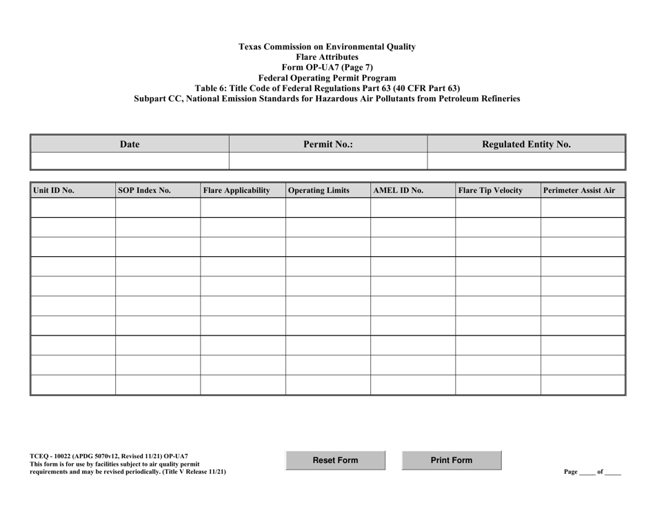 Form OP-UA7 (TCEQ-10022) Flare Attributes - Texas, Page 16
