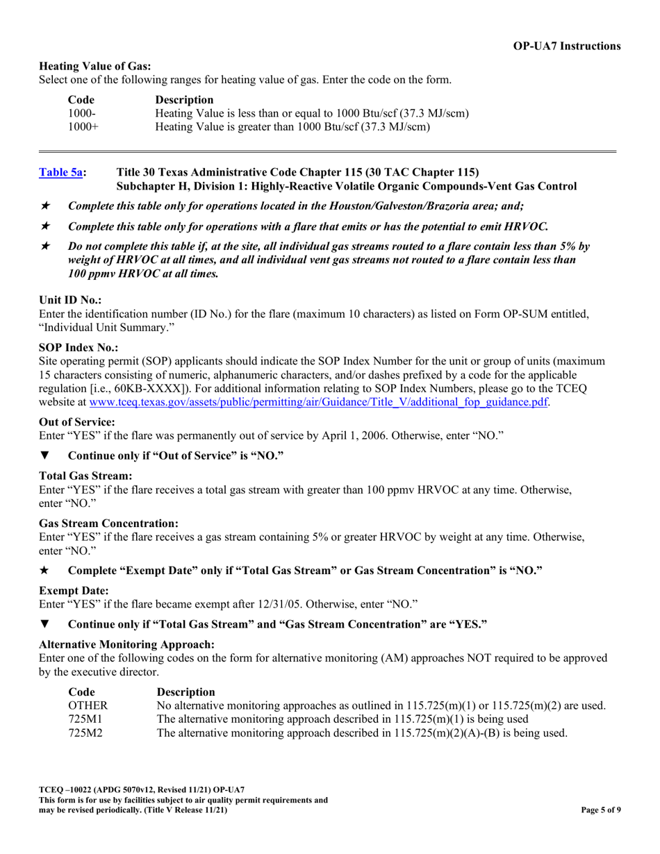 Form OP-UA7 (TCEQ-10022) Flare Attributes - Texas, Page 5