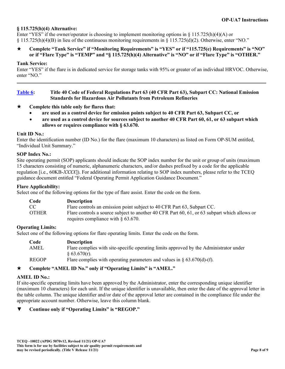 Form OP-UA7 (TCEQ-10022) Flare Attributes - Texas, Page 8