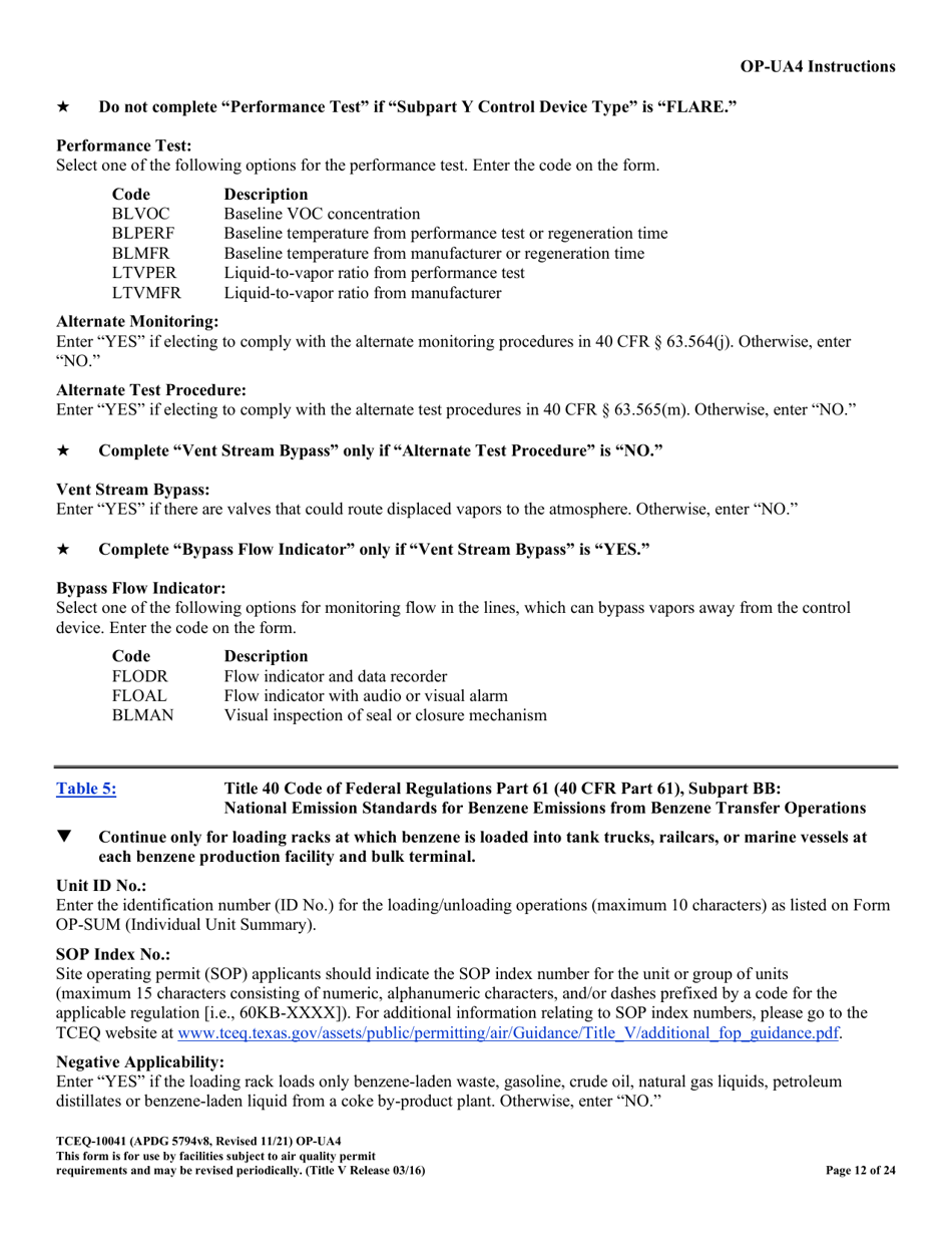 Form OP-UA4 (TCEQ-10041) Loading / Unloading Operations Attributes - Texas, Page 12
