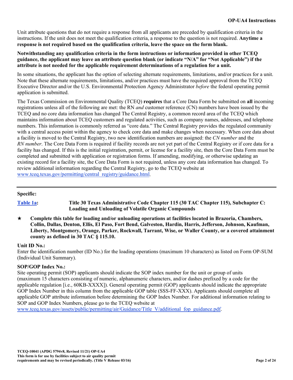Form OP-UA4 (TCEQ-10041) Loading / Unloading Operations Attributes - Texas, Page 2