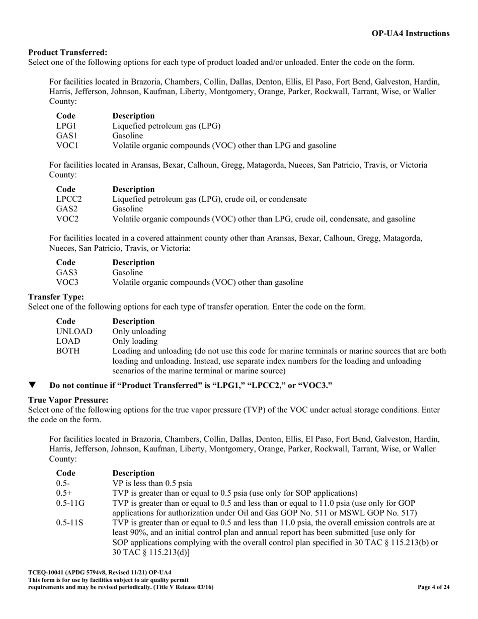 Form OP-UA4 (TCEQ-10041) Loading / Unloading Operations Attributes - Texas, Page 4