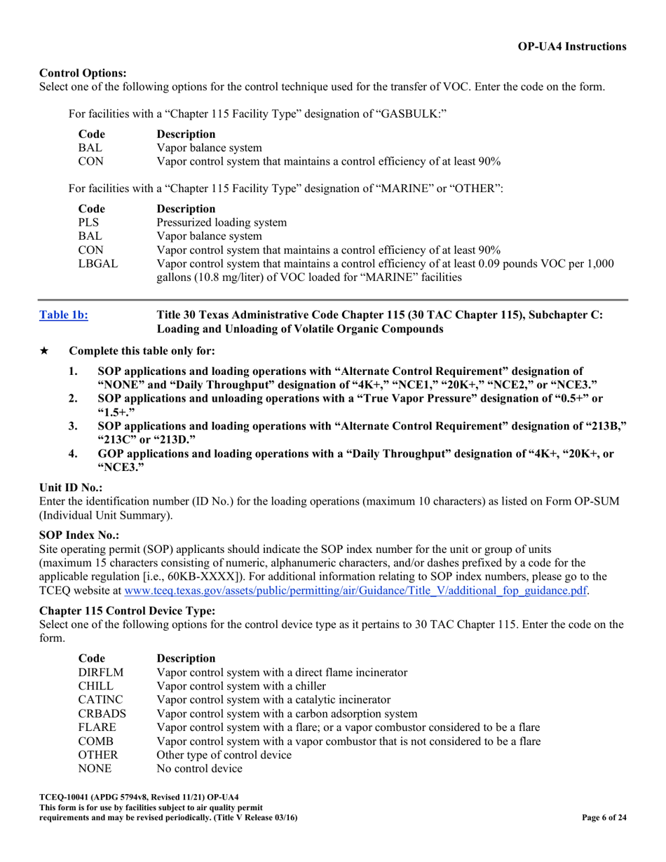Form OP-UA4 (TCEQ-10041) Loading / Unloading Operations Attributes - Texas, Page 6