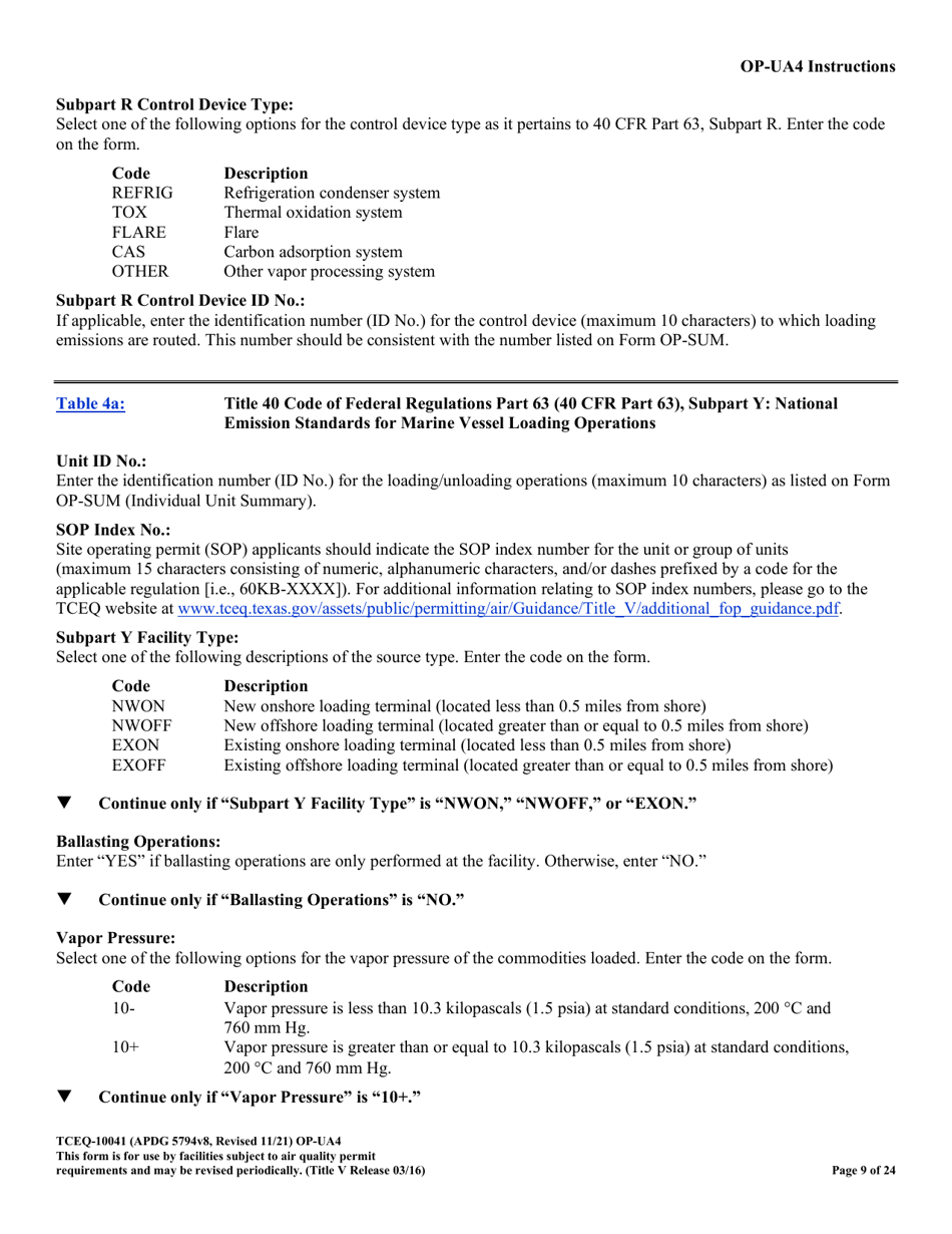 Form OP-UA4 (TCEQ-10041) Loading / Unloading Operations Attributes - Texas, Page 9