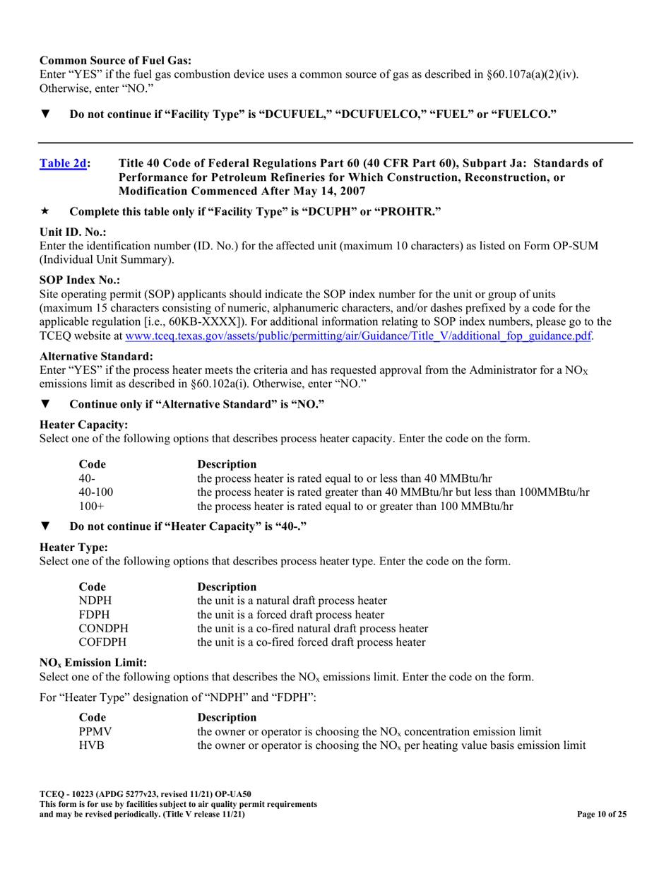 Form OP-UA50 (TCEQ-10223) Fluid Catalytic Cracking Unit Catalyst Regenerator / Fuel Gas Combustion Device / Claus Sulfur Recovery Plant Attributes Texas - Texas, Page 10