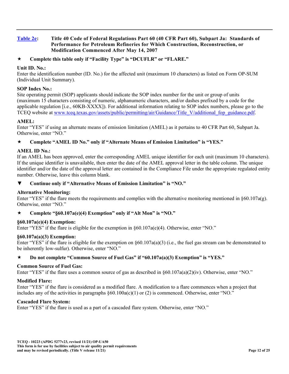 Form OP-UA50 (TCEQ-10223) Fluid Catalytic Cracking Unit Catalyst Regenerator / Fuel Gas Combustion Device / Claus Sulfur Recovery Plant Attributes Texas - Texas, Page 12