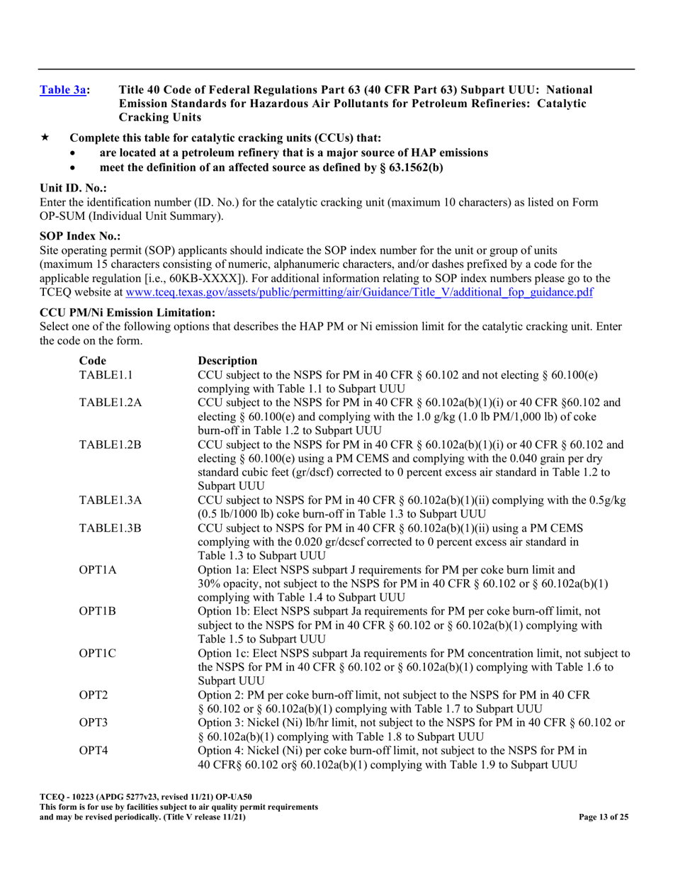 Form OP-UA50 (TCEQ-10223) Fluid Catalytic Cracking Unit Catalyst Regenerator / Fuel Gas Combustion Device / Claus Sulfur Recovery Plant Attributes Texas - Texas, Page 13