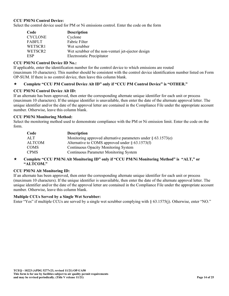 Form OP-UA50 (TCEQ-10223) Fluid Catalytic Cracking Unit Catalyst Regenerator / Fuel Gas Combustion Device / Claus Sulfur Recovery Plant Attributes Texas - Texas, Page 14