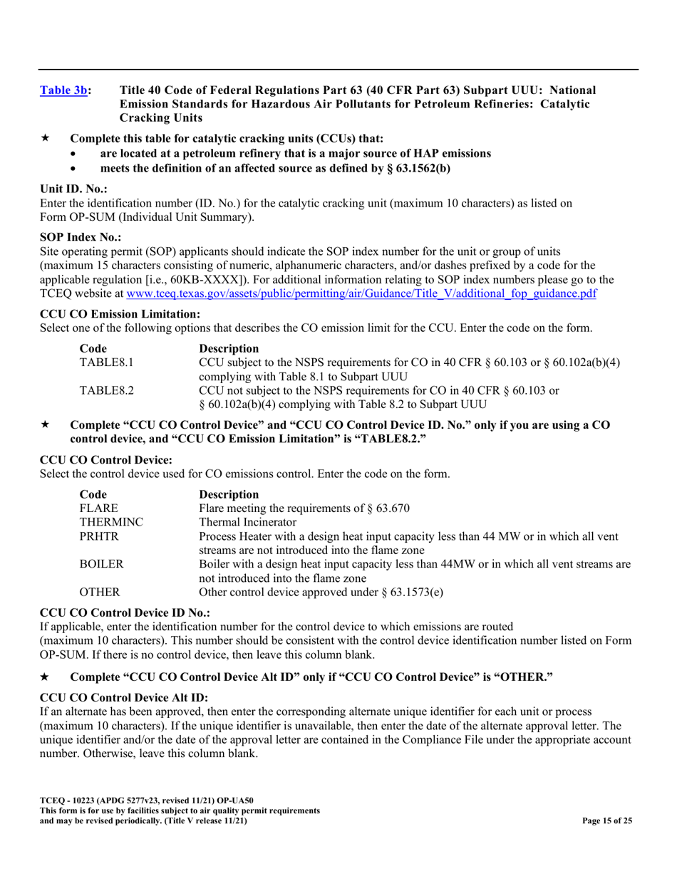 Form OP-UA50 (TCEQ-10223) Fluid Catalytic Cracking Unit Catalyst Regenerator / Fuel Gas Combustion Device / Claus Sulfur Recovery Plant Attributes Texas - Texas, Page 15