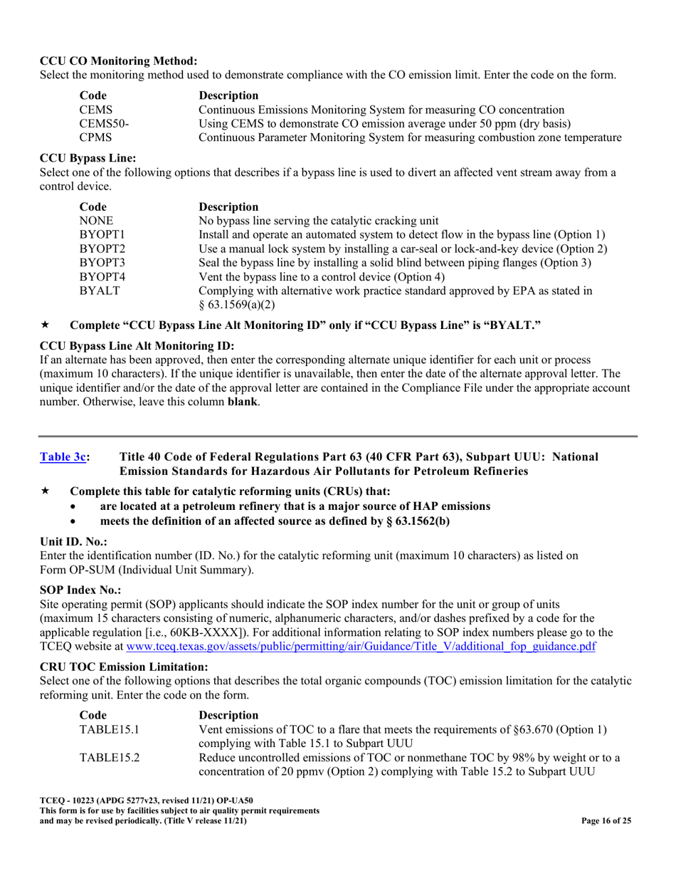 Form OP-UA50 (TCEQ-10223) Fluid Catalytic Cracking Unit Catalyst Regenerator / Fuel Gas Combustion Device / Claus Sulfur Recovery Plant Attributes Texas - Texas, Page 16