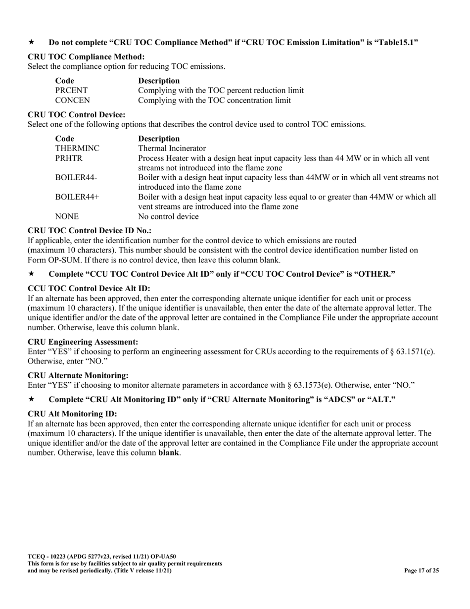 Form OP-UA50 (TCEQ-10223) Fluid Catalytic Cracking Unit Catalyst Regenerator / Fuel Gas Combustion Device / Claus Sulfur Recovery Plant Attributes Texas - Texas, Page 17