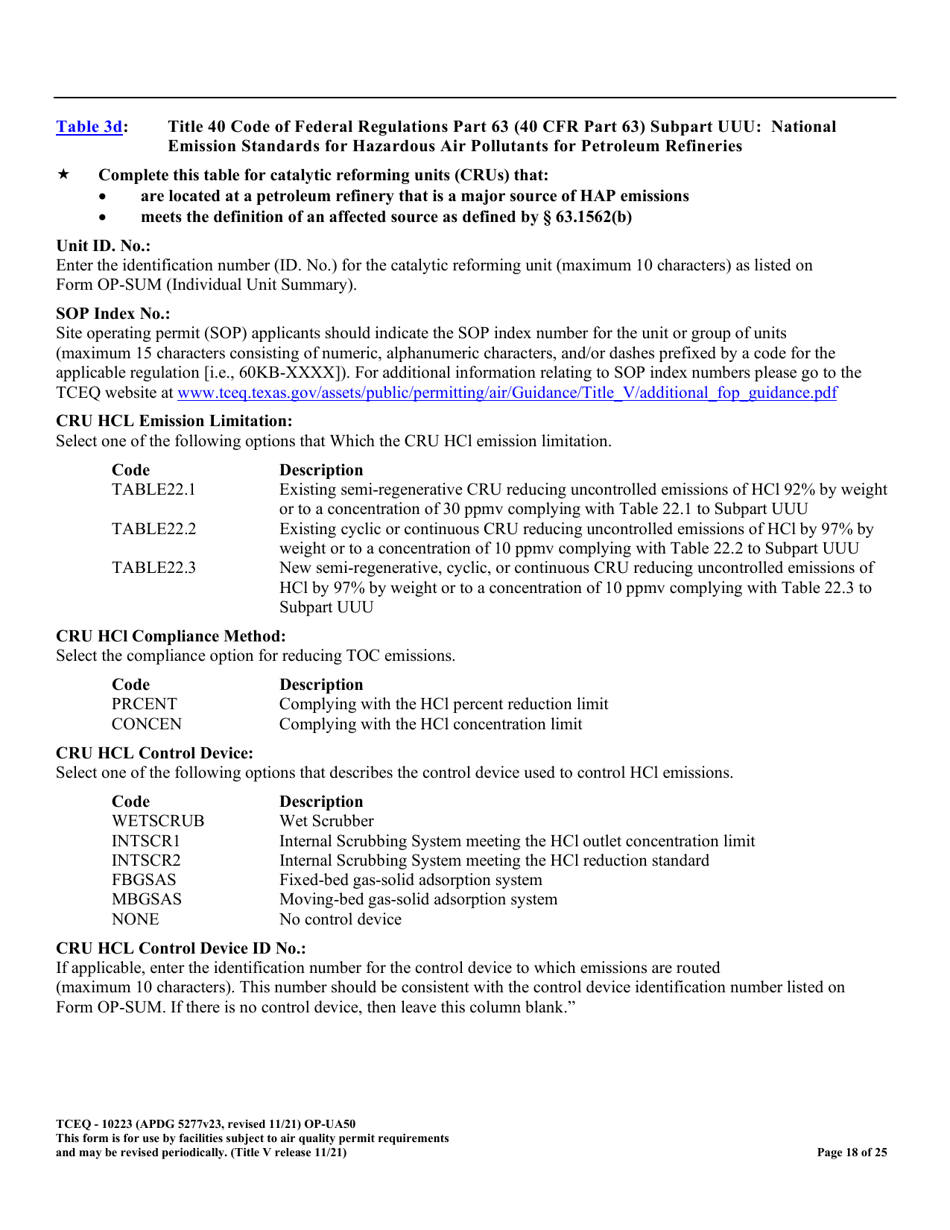 Form OP-UA50 (TCEQ-10223) Fluid Catalytic Cracking Unit Catalyst Regenerator / Fuel Gas Combustion Device / Claus Sulfur Recovery Plant Attributes Texas - Texas, Page 18