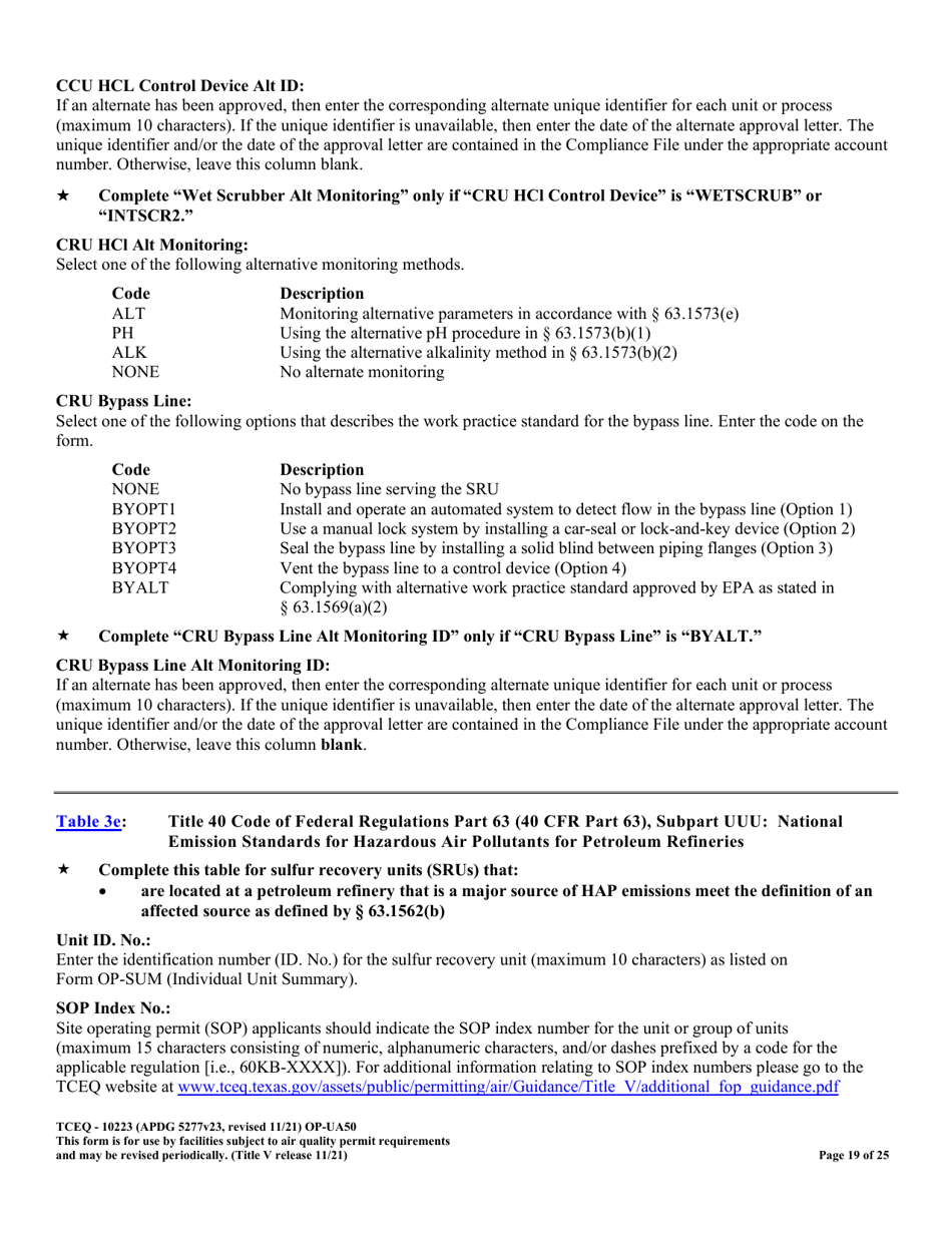 Form OP-UA50 (TCEQ-10223) Fluid Catalytic Cracking Unit Catalyst Regenerator / Fuel Gas Combustion Device / Claus Sulfur Recovery Plant Attributes Texas - Texas, Page 19