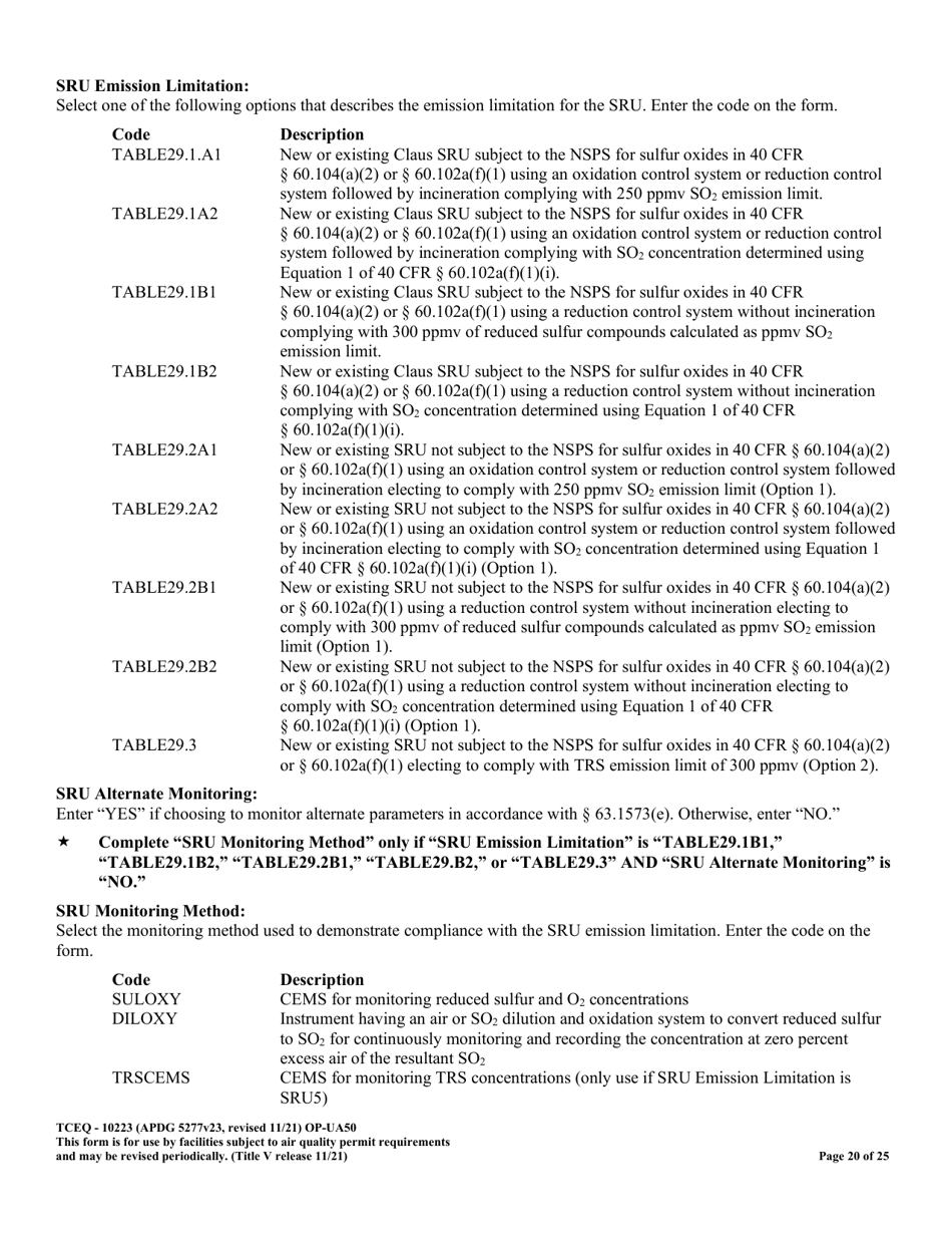 Form OP-UA50 (TCEQ-10223) Fluid Catalytic Cracking Unit Catalyst Regenerator / Fuel Gas Combustion Device / Claus Sulfur Recovery Plant Attributes Texas - Texas, Page 20