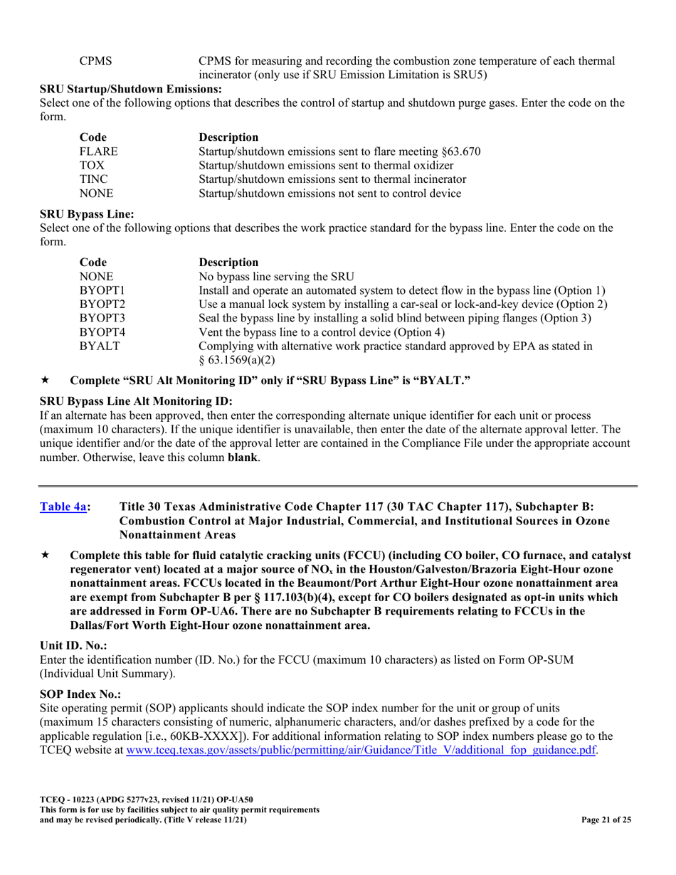 Form OP-UA50 (TCEQ-10223) Fluid Catalytic Cracking Unit Catalyst Regenerator / Fuel Gas Combustion Device / Claus Sulfur Recovery Plant Attributes Texas - Texas, Page 21