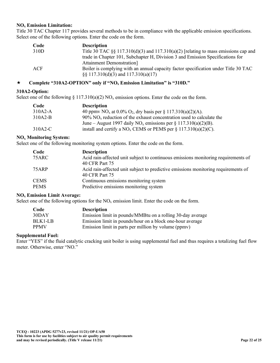 Form OP-UA50 (TCEQ-10223) Fluid Catalytic Cracking Unit Catalyst Regenerator / Fuel Gas Combustion Device / Claus Sulfur Recovery Plant Attributes Texas - Texas, Page 22