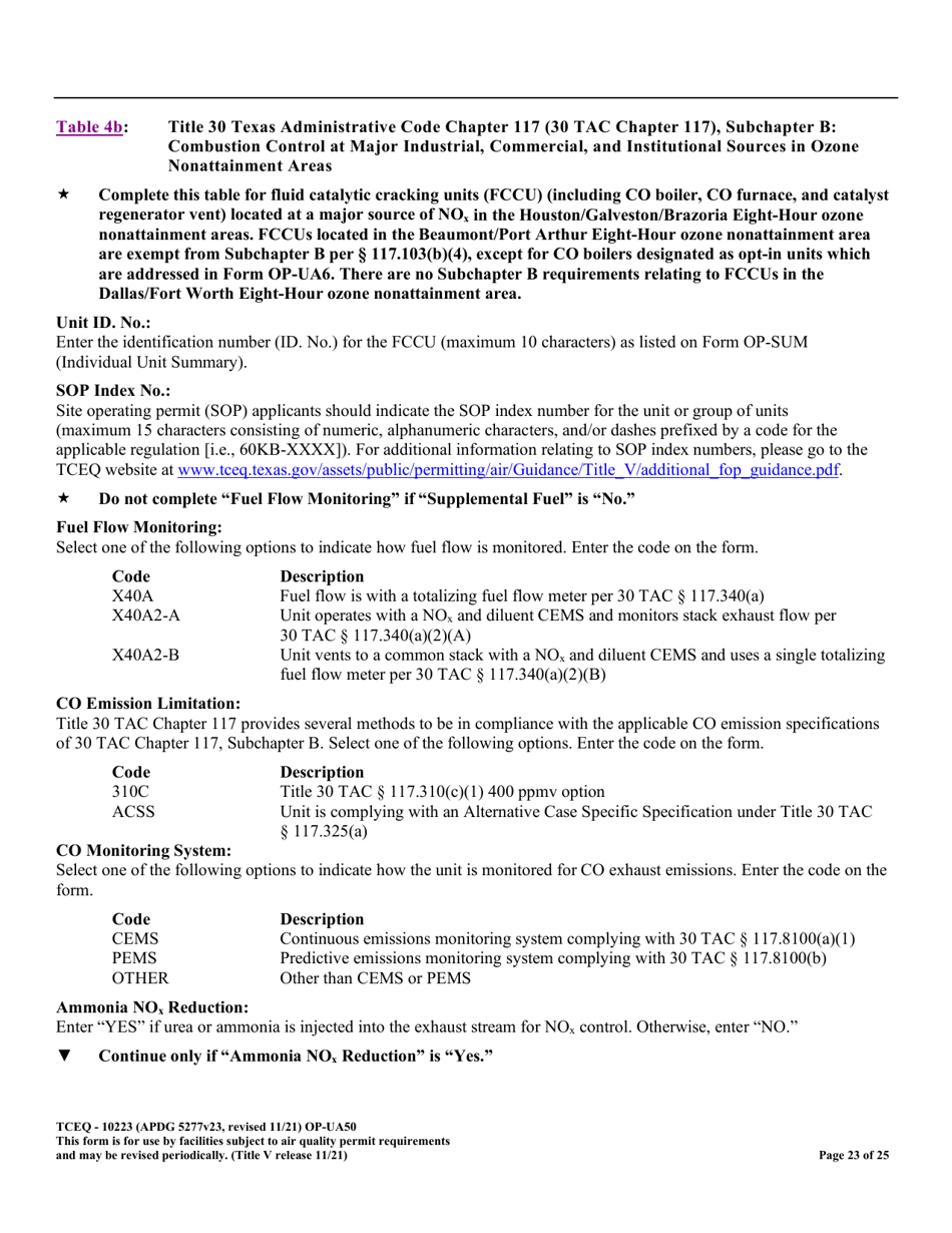 Form OP-UA50 (TCEQ-10223) Fluid Catalytic Cracking Unit Catalyst Regenerator / Fuel Gas Combustion Device / Claus Sulfur Recovery Plant Attributes Texas - Texas, Page 23