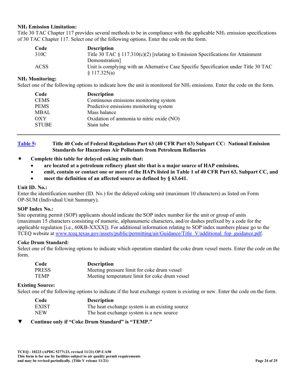 Form OP-UA50 (TCEQ-10223) Fluid Catalytic Cracking Unit Catalyst Regenerator / Fuel Gas Combustion Device / Claus Sulfur Recovery Plant Attributes Texas - Texas, Page 24
