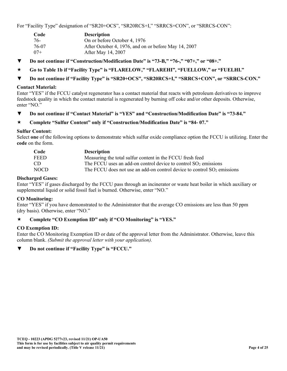 Form OP-UA50 (TCEQ-10223) Fluid Catalytic Cracking Unit Catalyst Regenerator / Fuel Gas Combustion Device / Claus Sulfur Recovery Plant Attributes Texas - Texas, Page 4