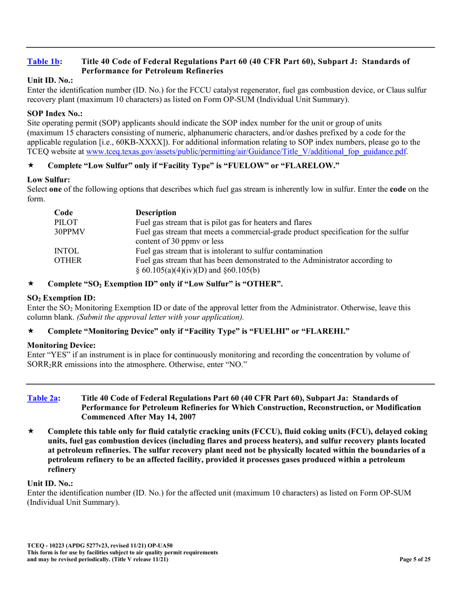 Form OP-UA50 (TCEQ-10223) Fluid Catalytic Cracking Unit Catalyst Regenerator / Fuel Gas Combustion Device / Claus Sulfur Recovery Plant Attributes Texas - Texas, Page 5