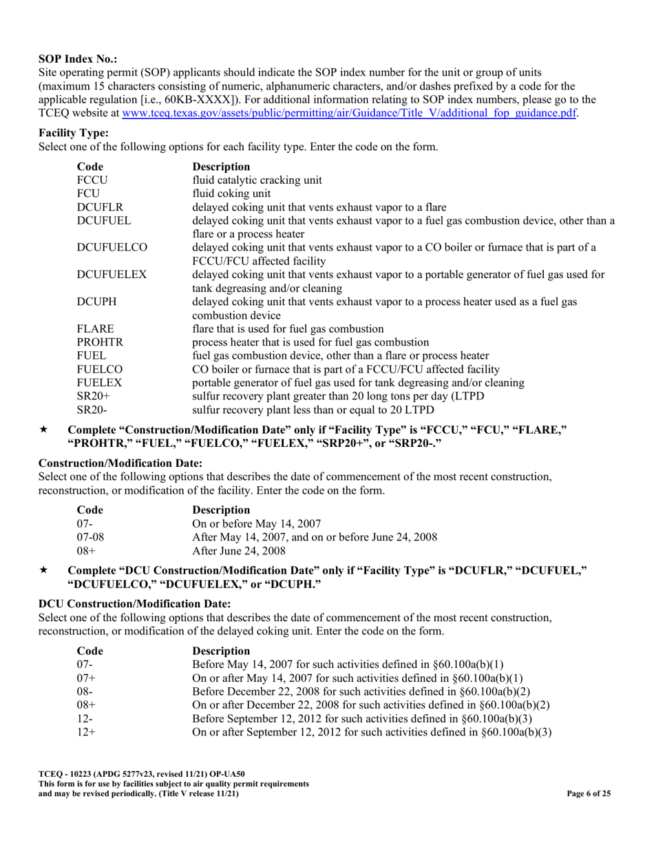 Form OP-UA50 (TCEQ-10223) Fluid Catalytic Cracking Unit Catalyst Regenerator / Fuel Gas Combustion Device / Claus Sulfur Recovery Plant Attributes Texas - Texas, Page 6