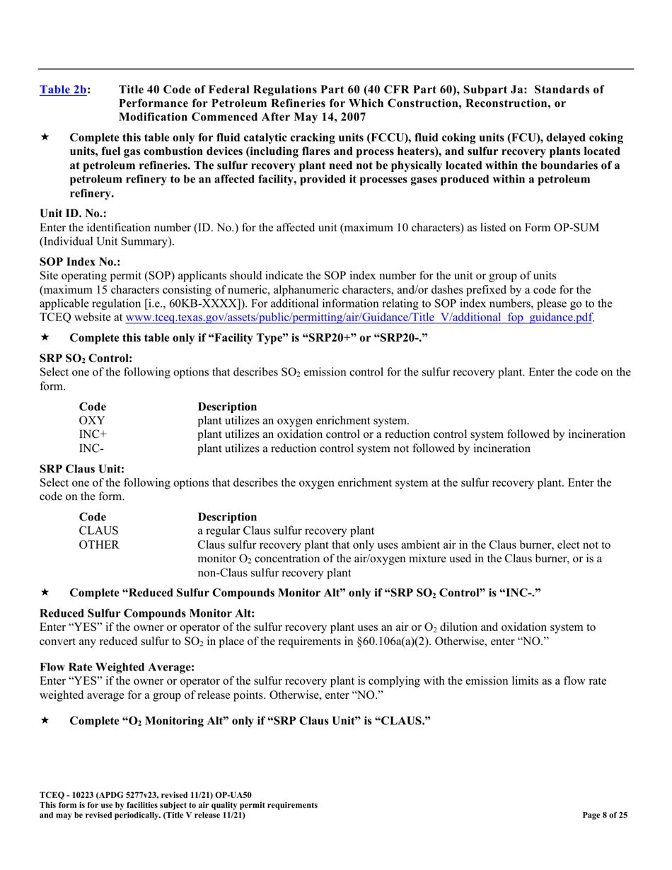 Form OP-UA50 (TCEQ-10223) Fluid Catalytic Cracking Unit Catalyst Regenerator / Fuel Gas Combustion Device / Claus Sulfur Recovery Plant Attributes Texas - Texas, Page 8