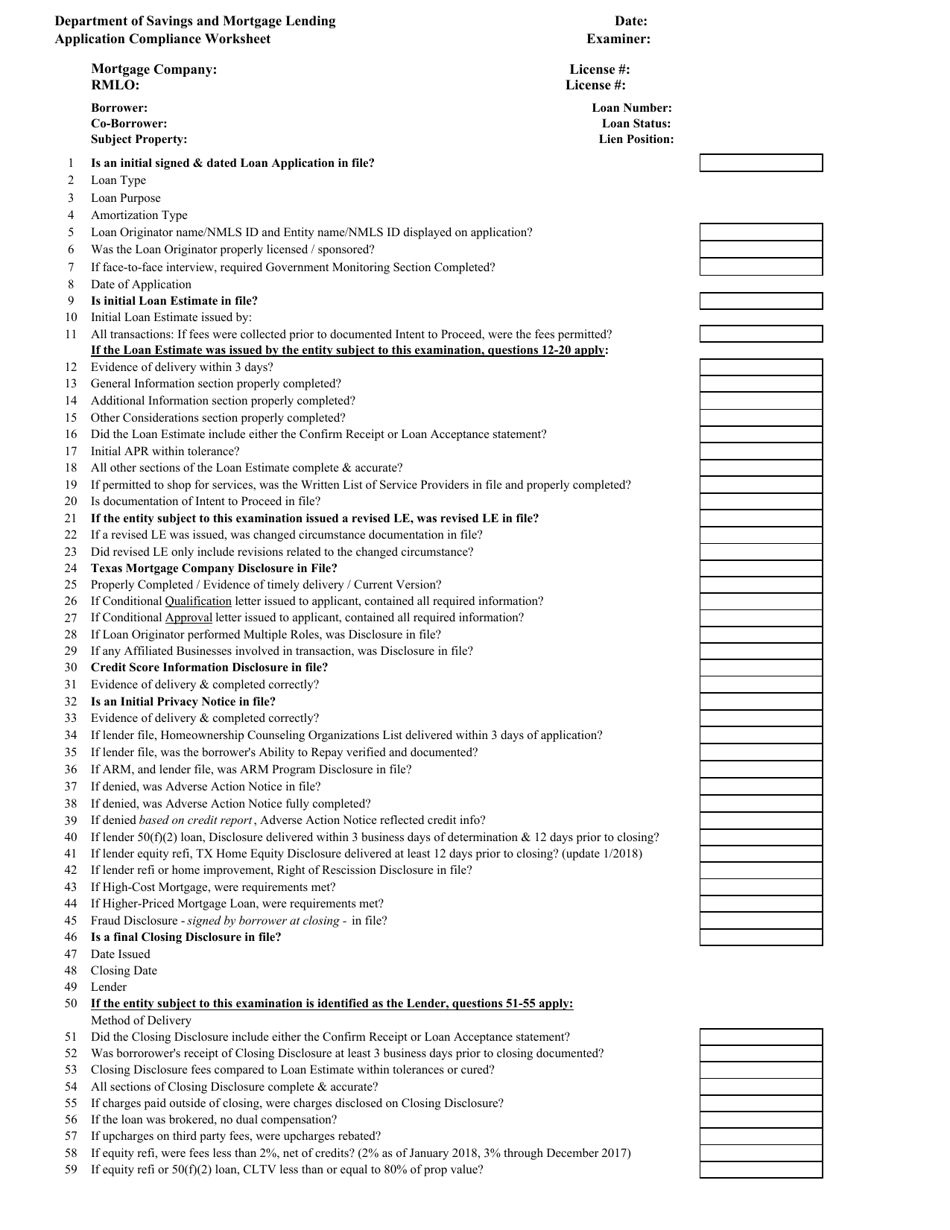 Application Compliance Worksheet - Mortgage Company - Texas, Page 1