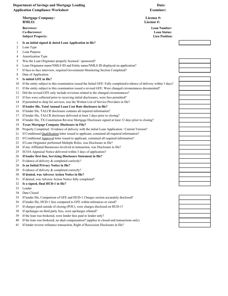 Application Compliance Worksheet (Reverse Mortgages) - Mortgage Company - Texas, Page 1