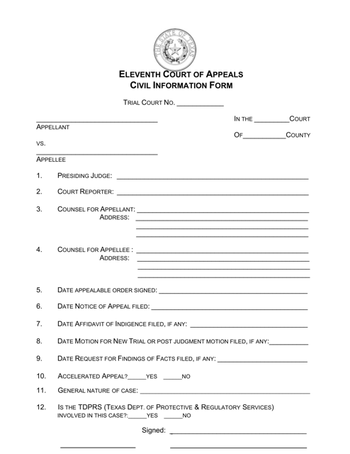 Civil Information Form - Eleventh Judicial District - Texas Download Pdf