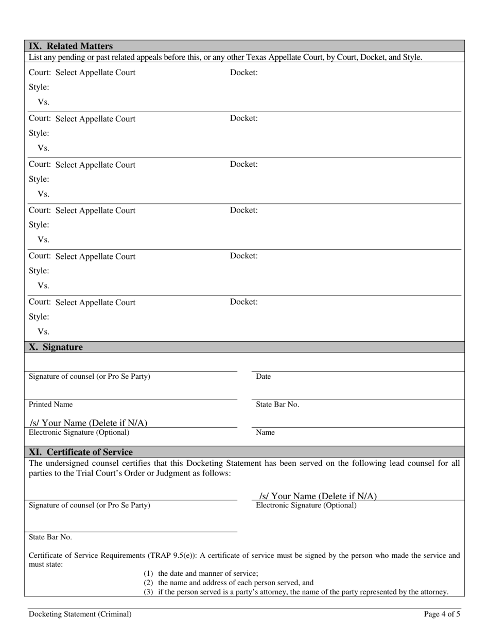 Docketing Statement (Criminal) - Texas, Page 4