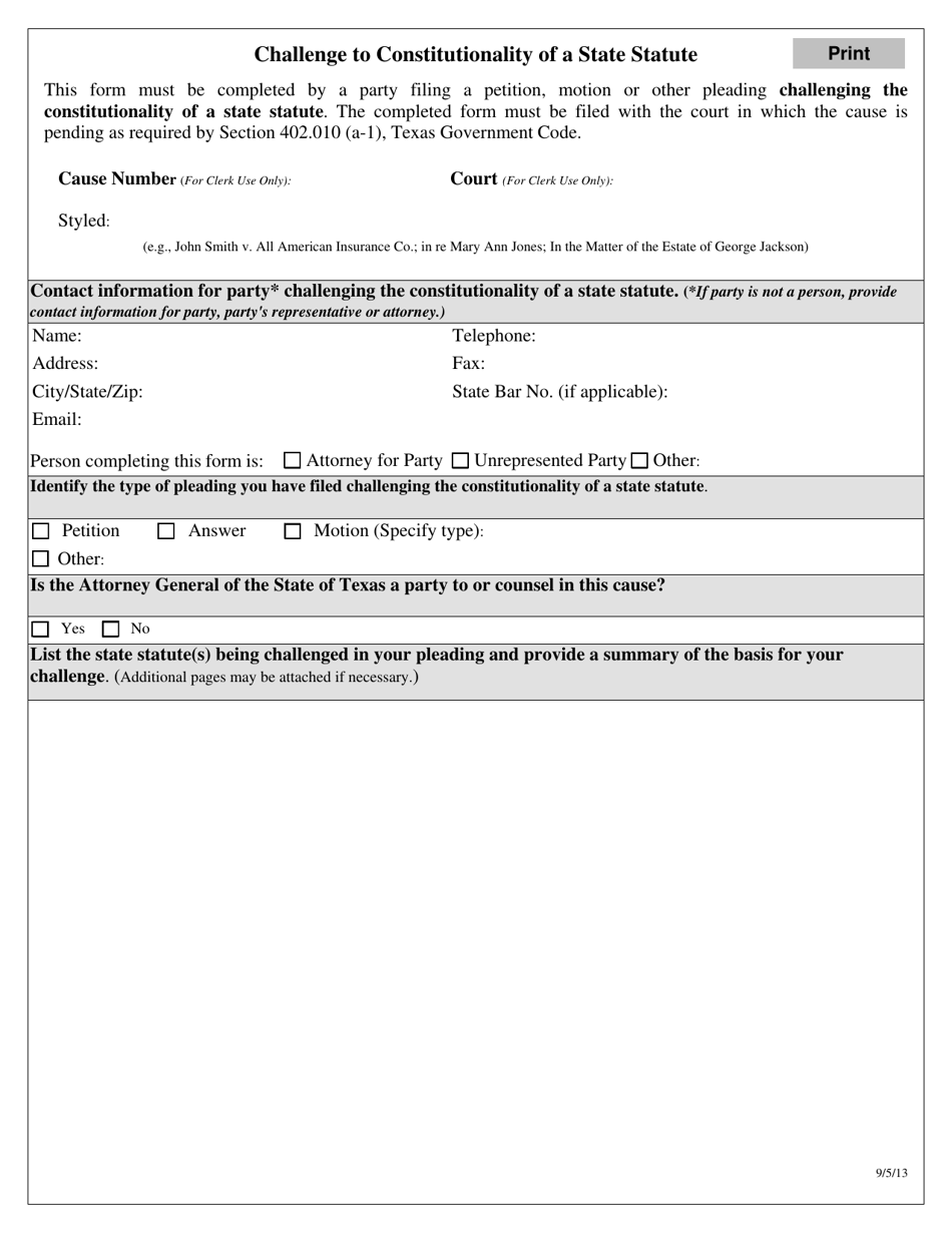 Texas Challenge to Constitutionality of a State Statute Fill Out
