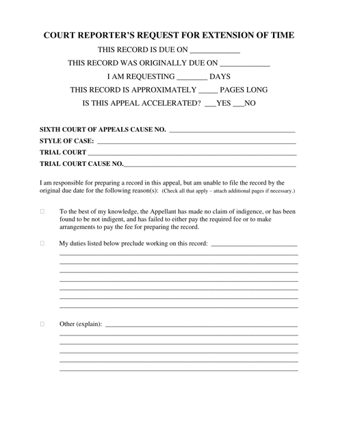 Court Reporter's Request for Extension of Time - Sixth Judicial District - Texas