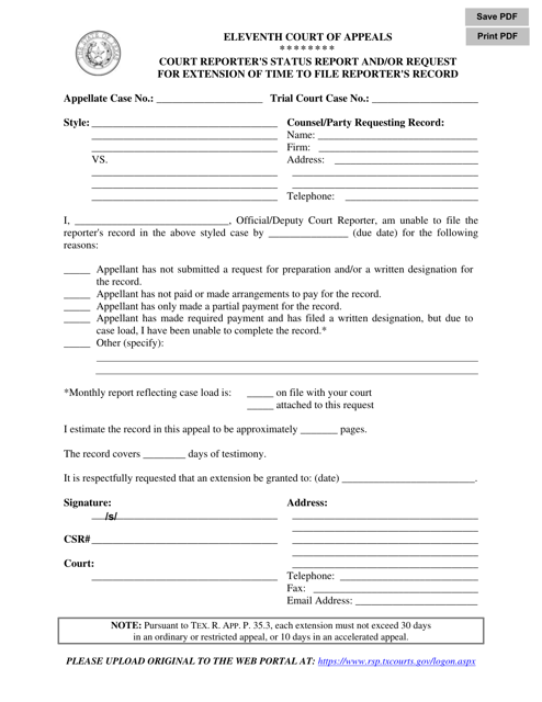 Court Reporter's Status Report and / or Request for Extension of Time to File Reporter's Record - Eleventh Judicial District - Texas Download Pdf