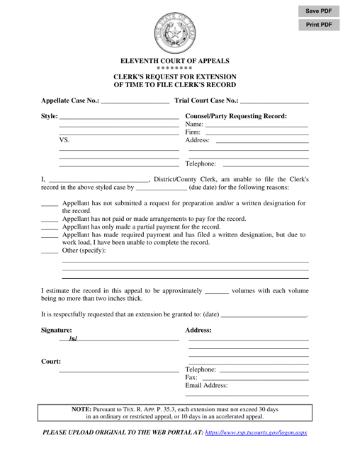 Clerk's Request for Extension of Time to File Clerk's Record - Eleventh Judicial District - Texas Download Pdf