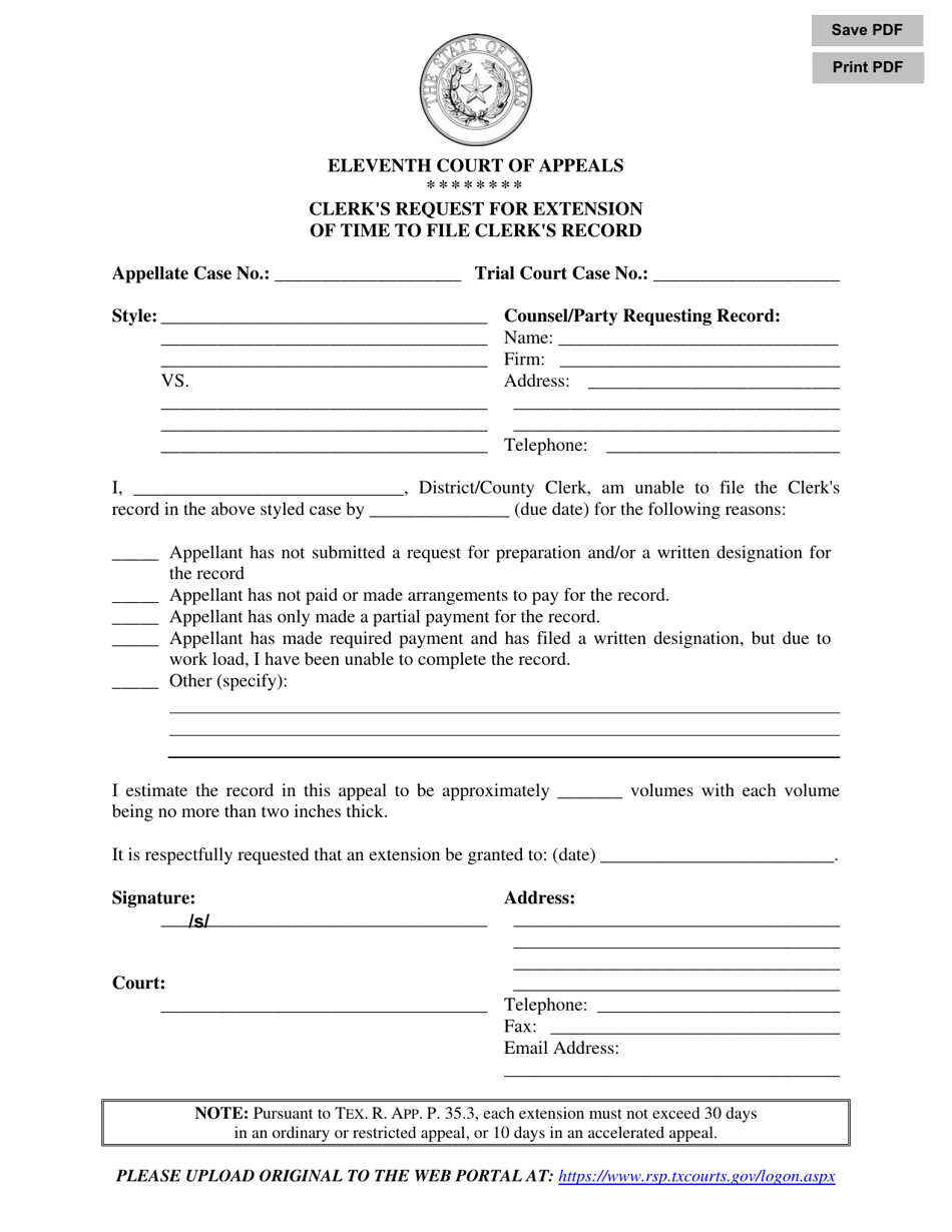 Clerks Request for Extension of Time to File Clerks Record - Eleventh Judicial District - Texas, Page 1