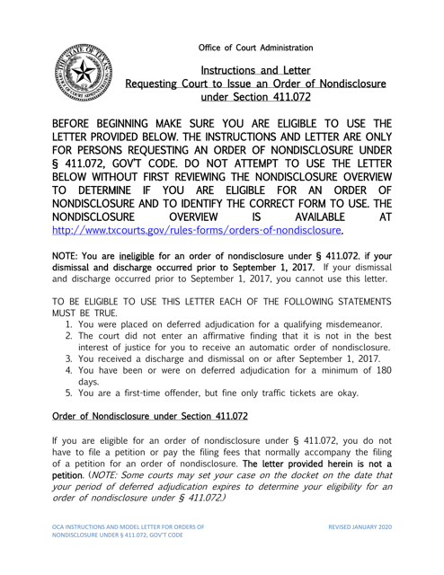 Instructions for Order of Nondisclosure Under Section 411.072 - Texas